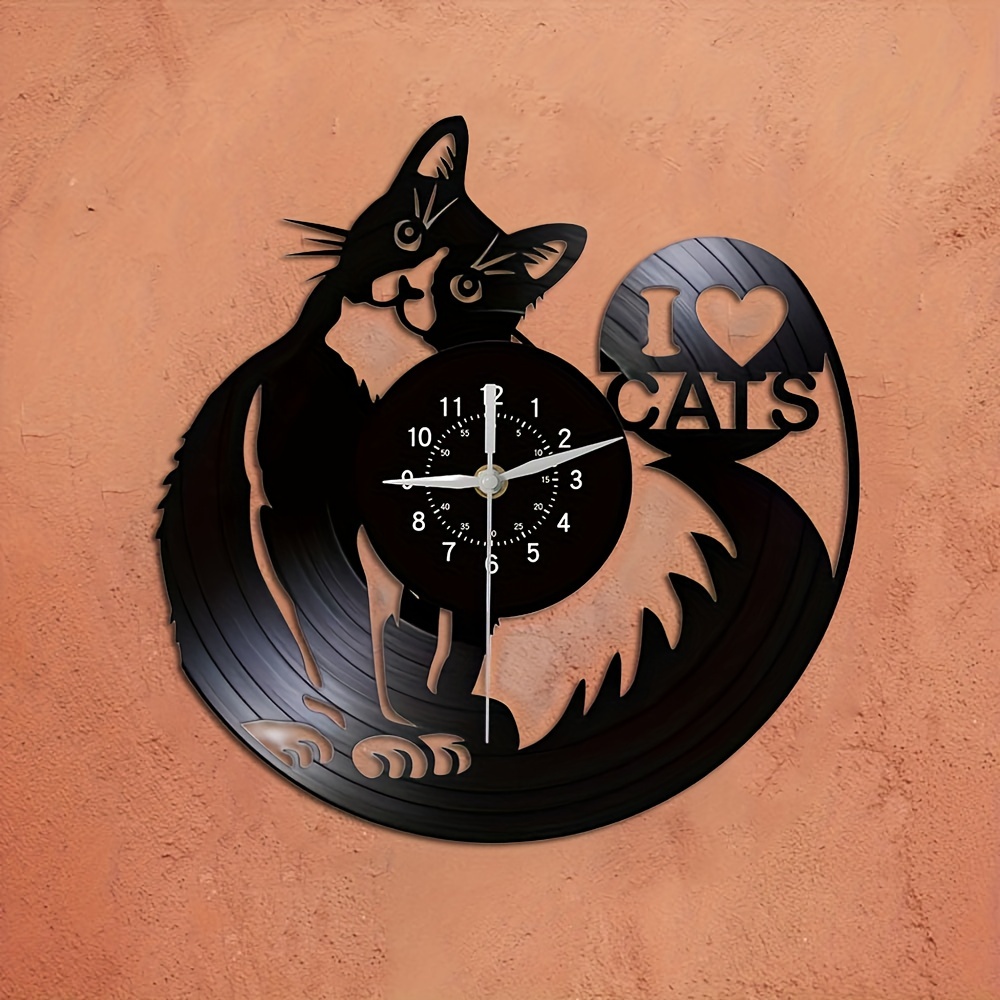1pc Cute Cat Pattern Wall Art Silent Clock, Cute Pet Adoption Cat Home Decoration Cat Shop Vinyl Record Wall Clock (No Battery)