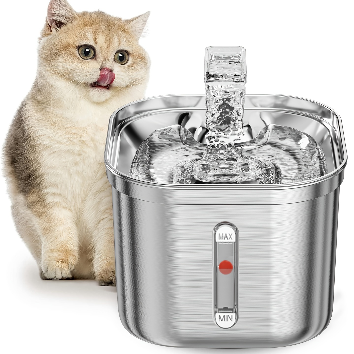 USB Rechargeable Stainless Steel Pet Water Fountain With Water Level Window - 74oz/2.2L Capacity For Indoor Cats