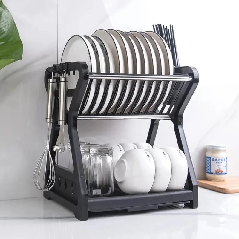 Dish Drainer Kitchen Storage Double Layer Dish Cup Holder Knife Fork Container Holder Home Tableware Drying Storage Rack