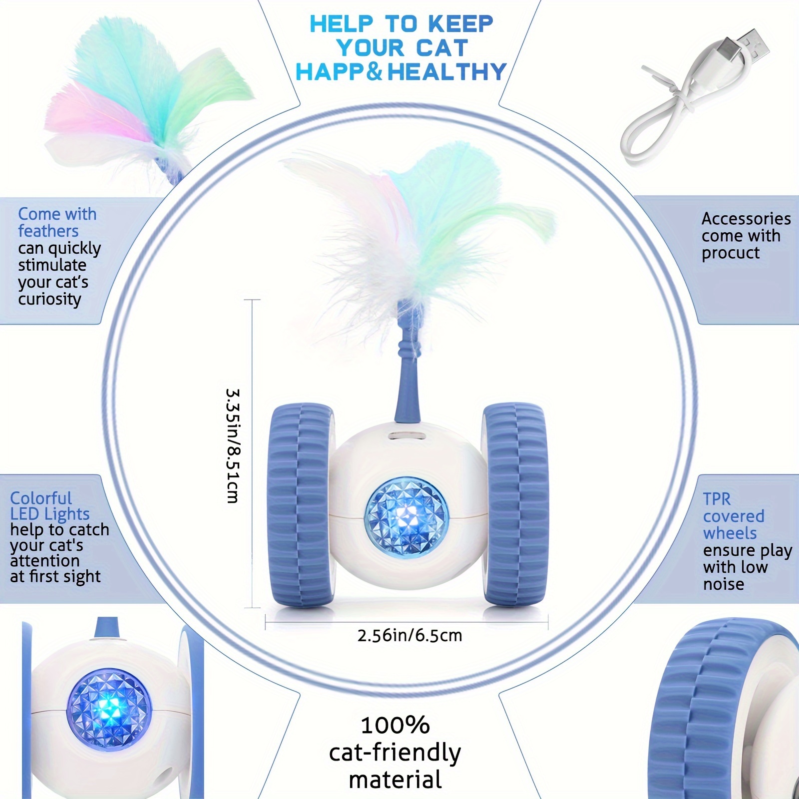 Automatic Cat Toys, Interactive Cat Toys For Indoor Cats With LED Lights And 2 Feathers, USB Rechargeable Moving Kitten Toys, Electric Cat Toys With Durable Wheels, Auto On/Off