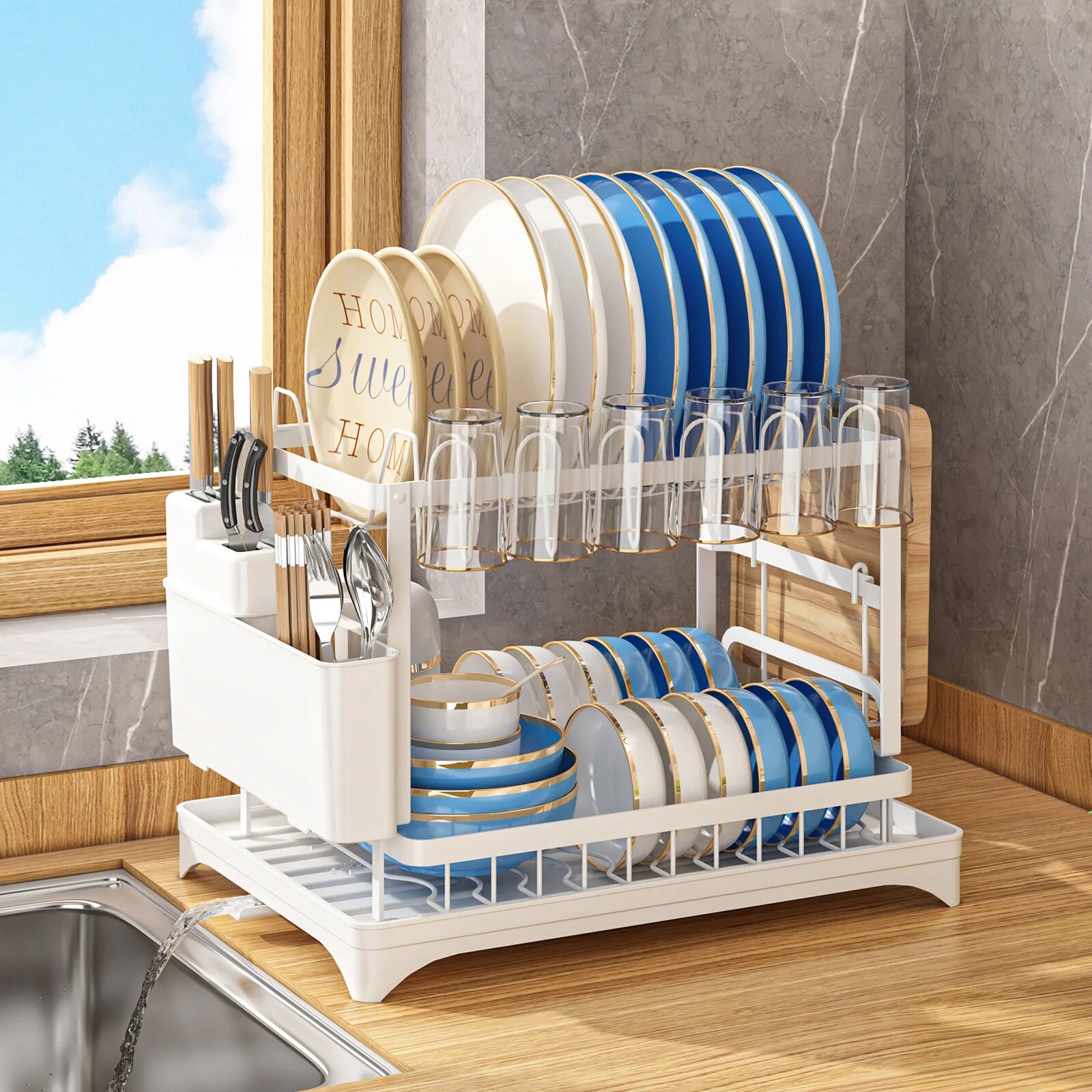 Double-layer Kitchen Dish Bowl Drying Rack with Drainboard Dish Racks With Chopstick Cage Tableware Organizer Basket Drain