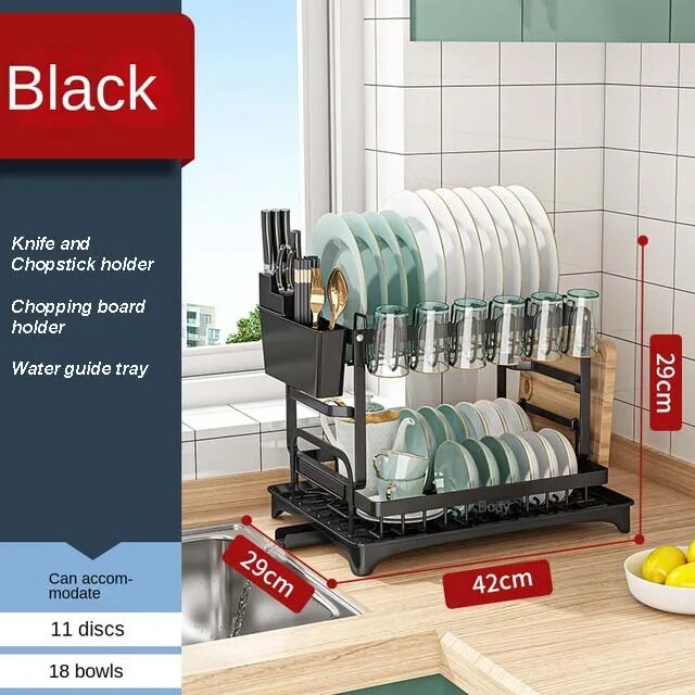 2 Tiers Kitchen Dish Bowl Drainer Storage Rack Knife Fork Cup Holder Space Saver Kitchen Counter Organizer Tableware Drainboard