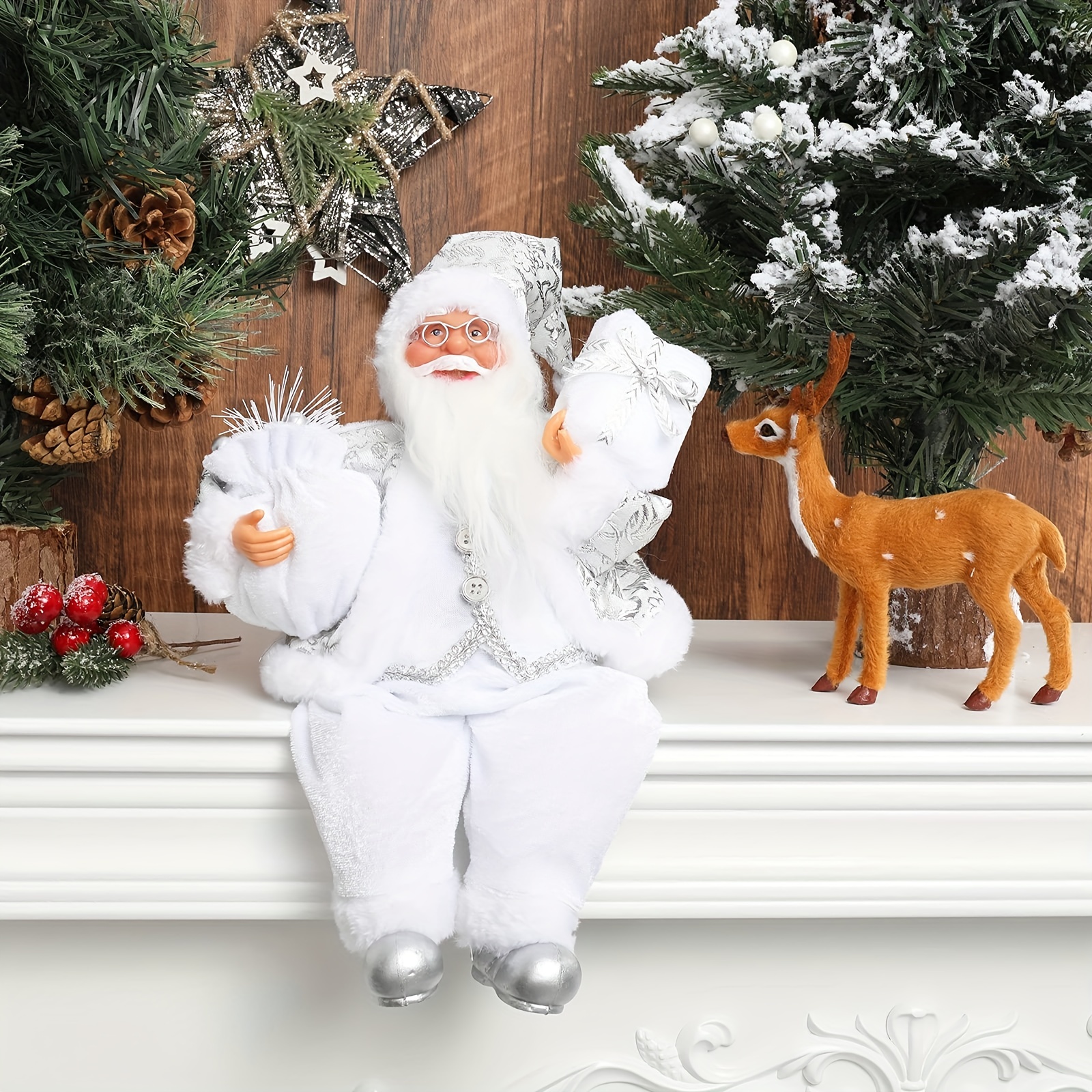 1pc, Christmas Sitting Santa White Silvery Coat Santa Claus Statue Doll, And Gift Bag And Christmas Decoration, Christmas Party Decoration, Gifts For Home Office Desk