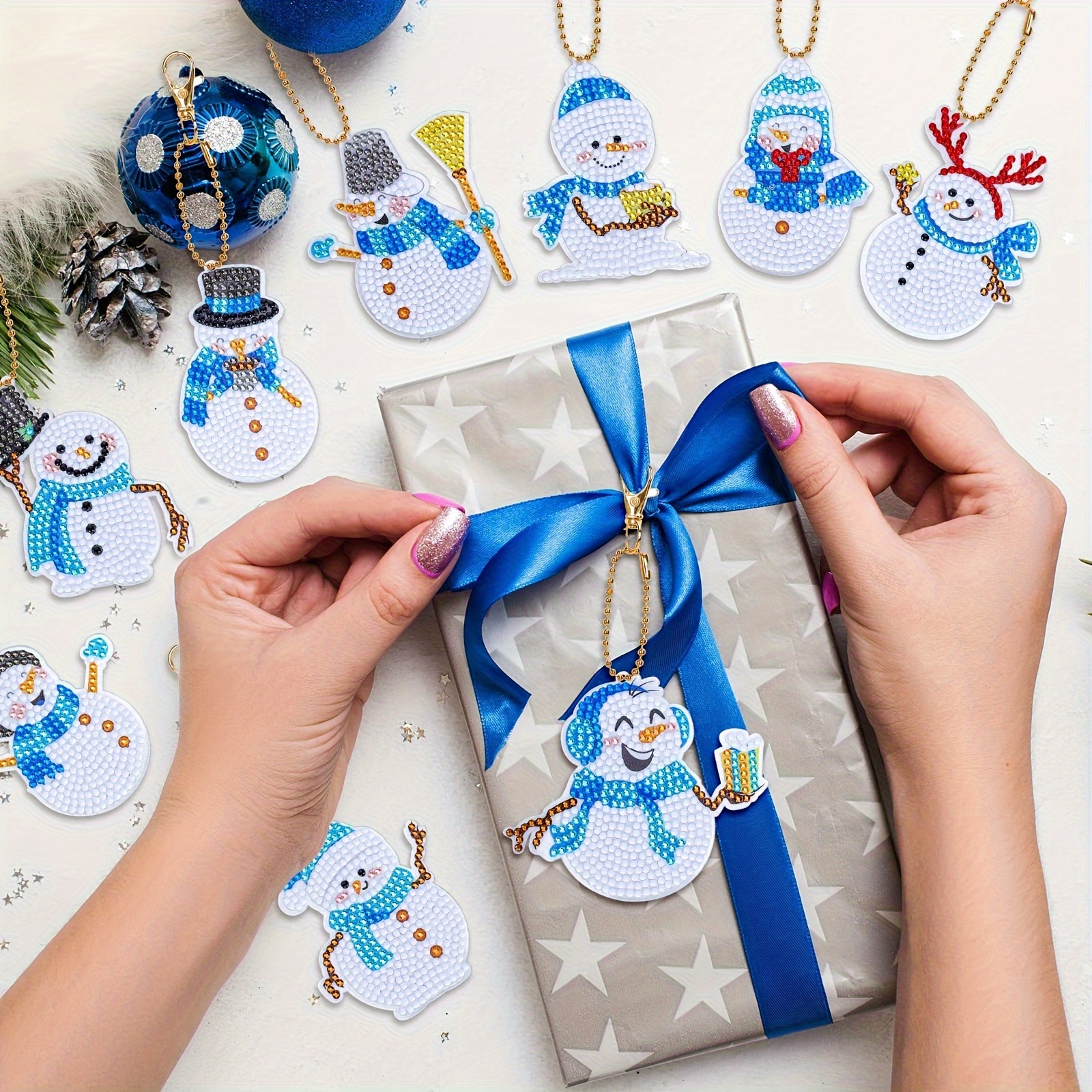 10pcs Christmas Diamond Painting Keychain Kit, DIY Blue Snowman Diamond Art Mosaic Keychain, Ladies Backpack Hanging Ornaments, Christmas Decoration, Handmade Gifts