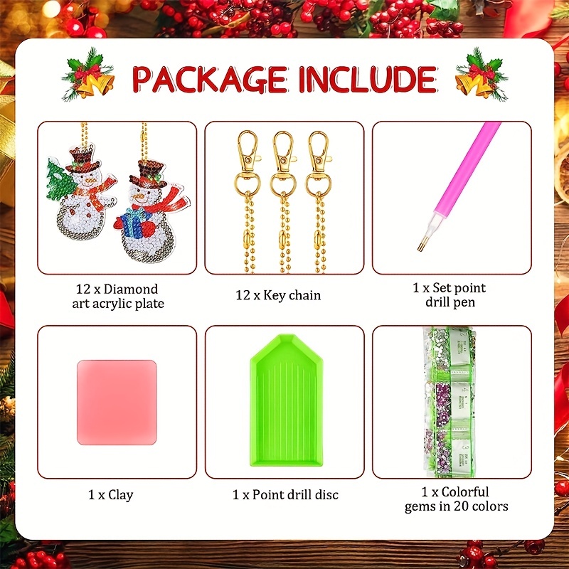 12pcs, Christmas Diamond Painting Keychain 5D DIY Diamond Painting Kit Christmas Hanging Diamond Art Kits Diamond Art Christmas Ornaments For Kids Christmas Crafts Family Decor, Party Gifts, Children's Gifts, Holiday Gifts, Birthday Gifts
