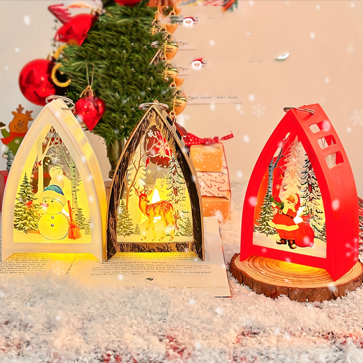 Christmas Portable Candle Holder Wind Lamp, Table Lamp, Snowman Santa Claus Elk Christmas Gift Light, Battery Powered (No Plug)