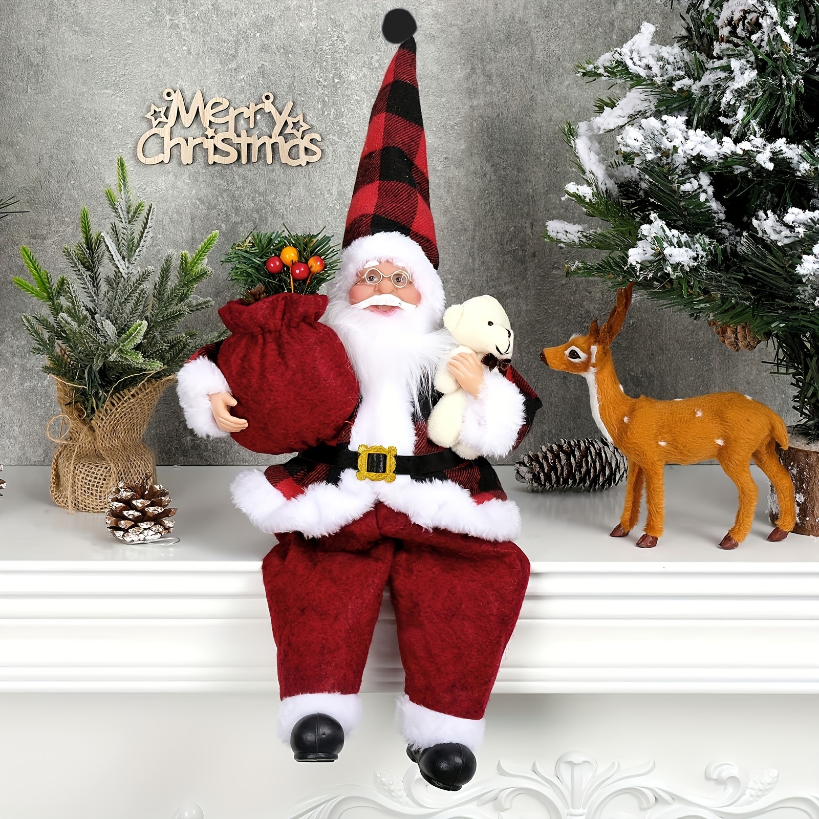 1pc, Christmas Sitting Santa White Silvery Coat Santa Claus Statue Doll, And Gift Bag And Christmas Decoration, Christmas Party Decoration, Gifts For Home Office Desk