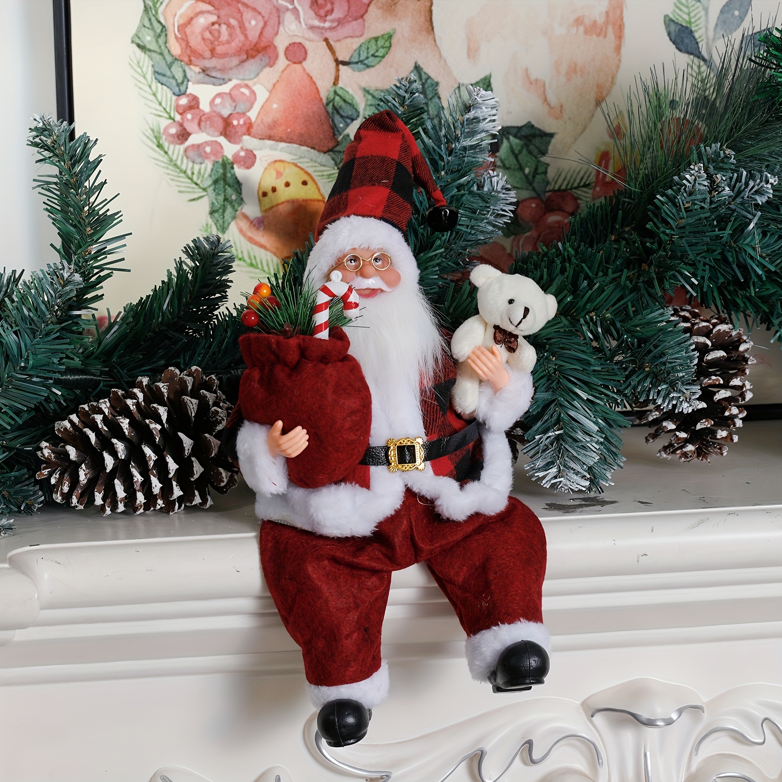 1pc, Christmas Sitting Santa White Silvery Coat Santa Claus Statue Doll, And Gift Bag And Christmas Decoration, Christmas Party Decoration, Gifts For Home Office Desk