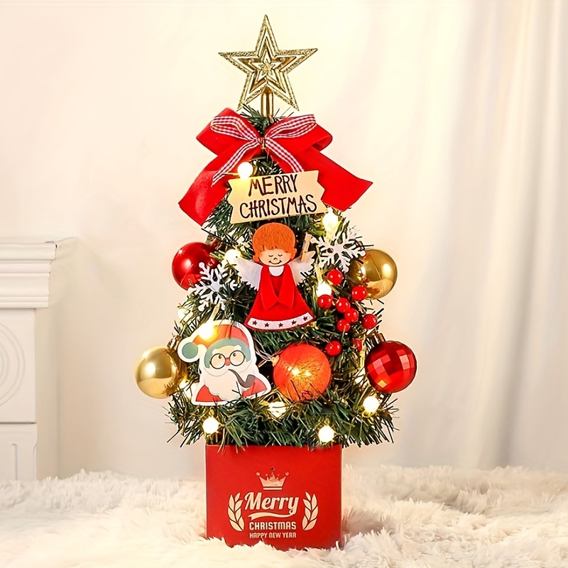 Mini Christmas Tree Set With LED Light, Tabletop Pre-lit Mini Christmas Tree Set, With Pine Cones, Ornaments Balls, Bells, Best DIY Christmas Decorations