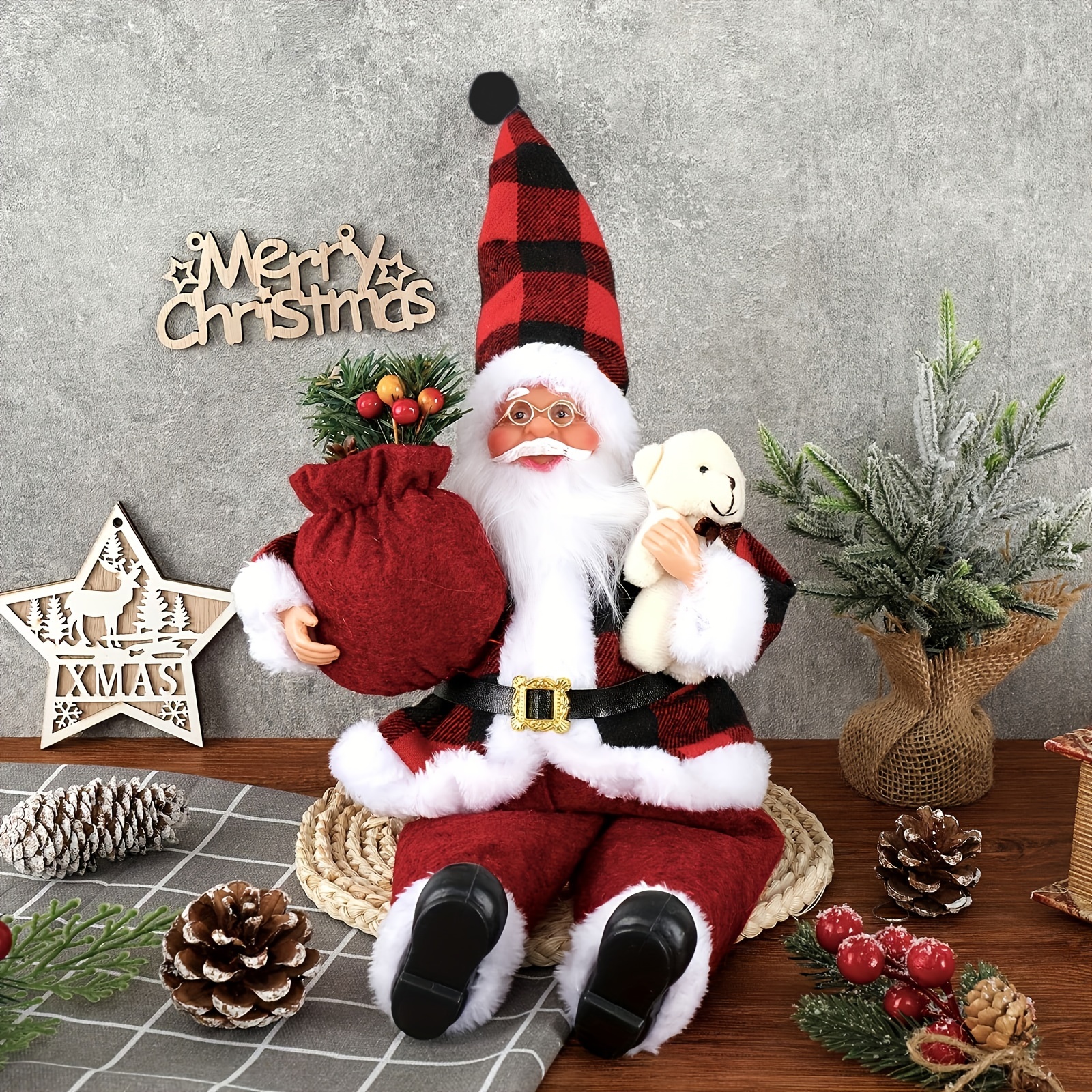 1pc, Christmas Sitting Santa White Silvery Coat Santa Claus Statue Doll, And Gift Bag And Christmas Decoration, Christmas Party Decoration, Gifts For Home Office Desk