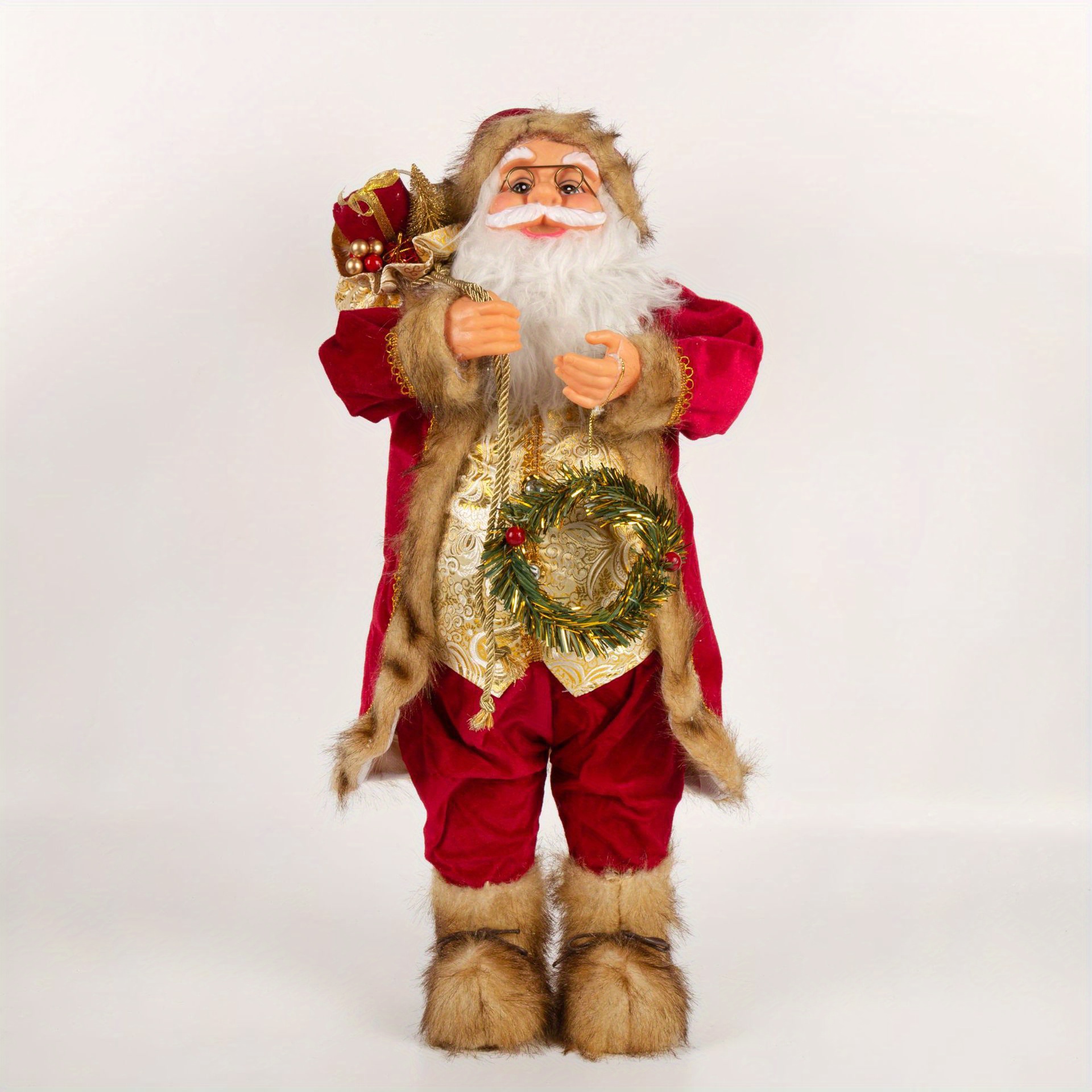 1pc Santa Claus Decorations, With Wreath And Gifts Bag, Christmas Standing Figurine Ornaments ,For New Year Christmas Decoration, Navidad Natal Gifts,11.8inch
