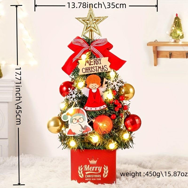Mini Christmas Tree Set With LED Light, Tabletop Pre-lit Mini Christmas Tree Set, With Pine Cones, Ornaments Balls, Bells, Best DIY Christmas Decorations