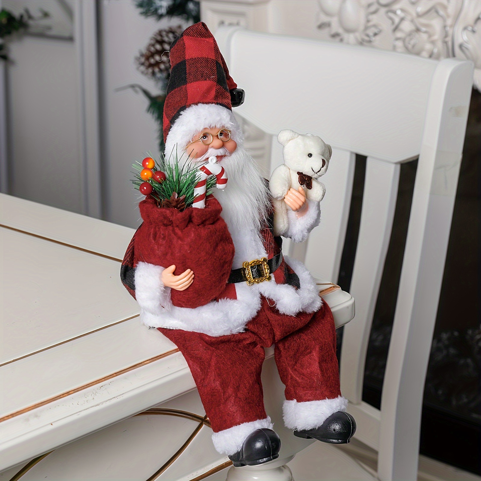 1pc, Christmas Sitting Santa White Silvery Coat Santa Claus Statue Doll, And Gift Bag And Christmas Decoration, Christmas Party Decoration, Gifts For Home Office Desk