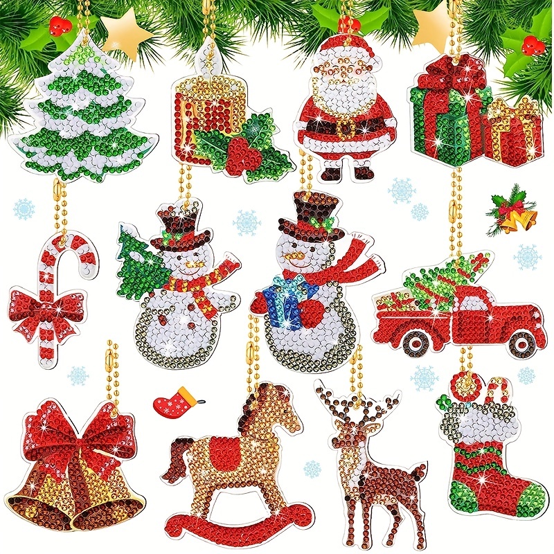 12pcs, Christmas Diamond Painting Keychain 5D DIY Diamond Painting Kit Christmas Hanging Diamond Art Kits Diamond Art Christmas Ornaments For Kids Christmas Crafts Family Decor, Party Gifts, Children's Gifts, Holiday Gifts, Birthday Gifts