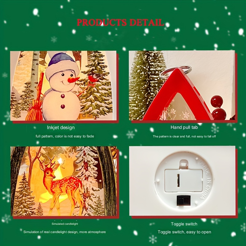 Christmas Portable Candle Holder Wind Lamp, Table Lamp, Snowman Santa Claus Elk Christmas Gift Light, Battery Powered (No Plug)
