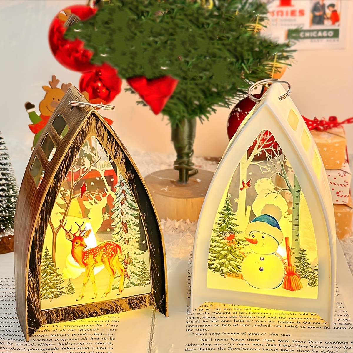 Christmas Portable Candle Holder Wind Lamp, Table Lamp, Snowman Santa Claus Elk Christmas Gift Light, Battery Powered (No Plug)