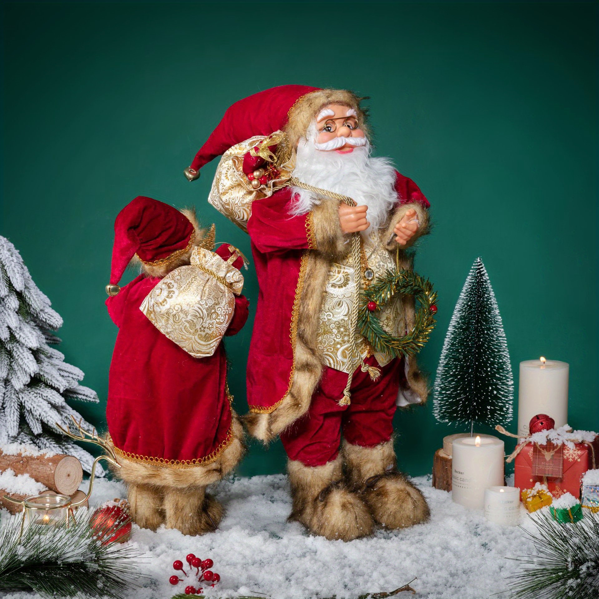 1pc Santa Claus Decorations, With Wreath And Gifts Bag, Christmas Standing Figurine Ornaments ,For New Year Christmas Decoration, Navidad Natal Gifts,11.8inch