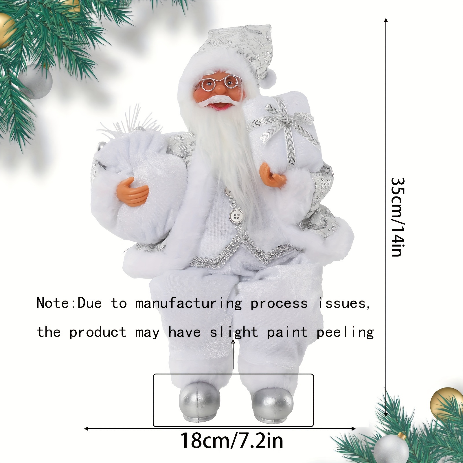 1pc, Christmas Sitting Santa White Silvery Coat Santa Claus Statue Doll, And Gift Bag And Christmas Decoration, Christmas Party Decoration, Gifts For Home Office Desk