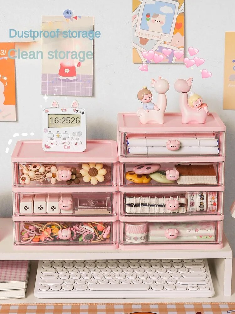 1-piece Desk Storage Drawer Cute Plastic Transparent Box Stationery Cosmetics Container