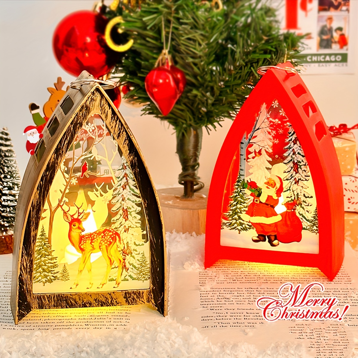 Christmas Portable Candle Holder Wind Lamp, Table Lamp, Snowman Santa Claus Elk Christmas Gift Light, Battery Powered (No Plug)