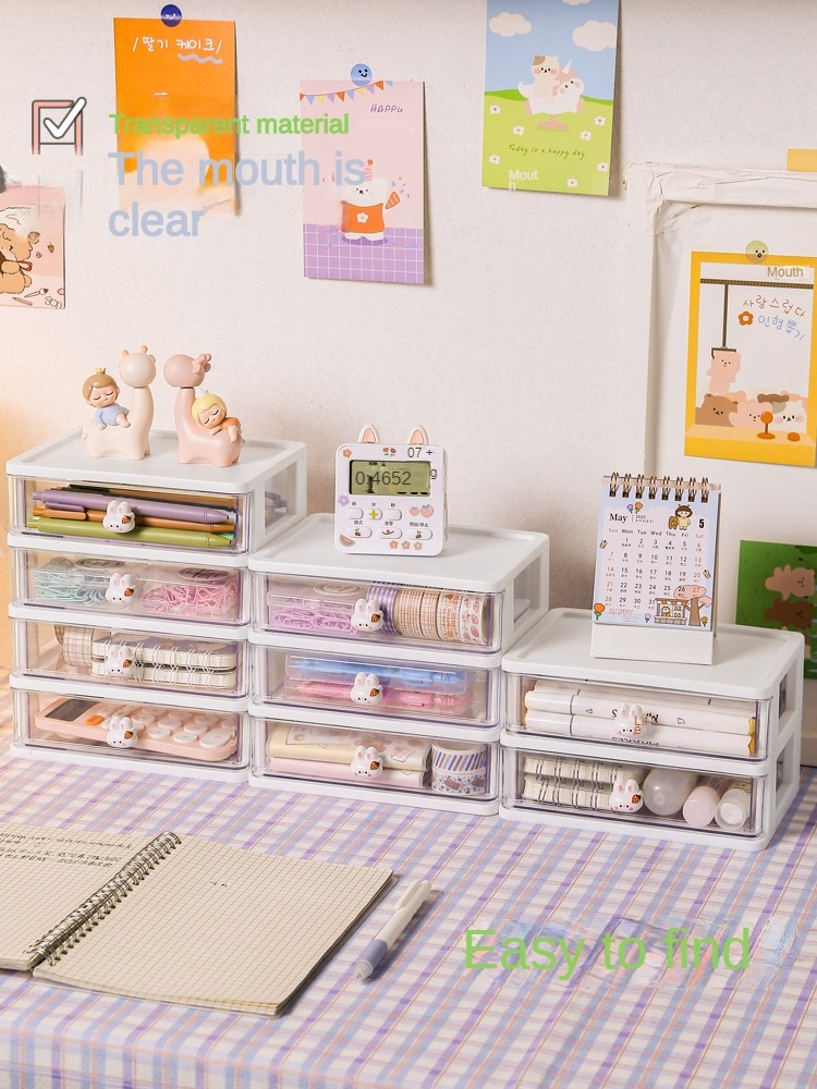 1-piece Desk Storage Drawer Cute Plastic Transparent Box Stationery Cosmetics Container
