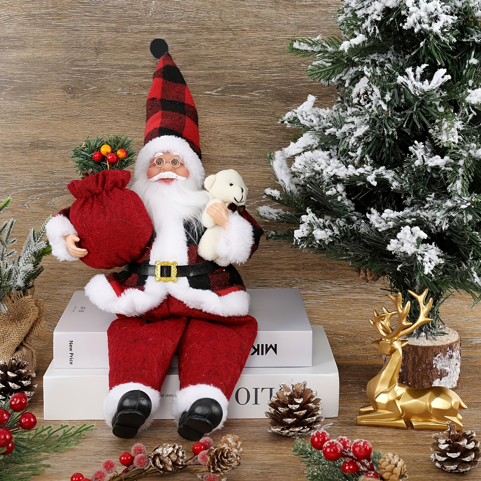 1pc, Christmas Sitting Santa White Silvery Coat Santa Claus Statue Doll, And Gift Bag And Christmas Decoration, Christmas Party Decoration, Gifts For Home Office Desk