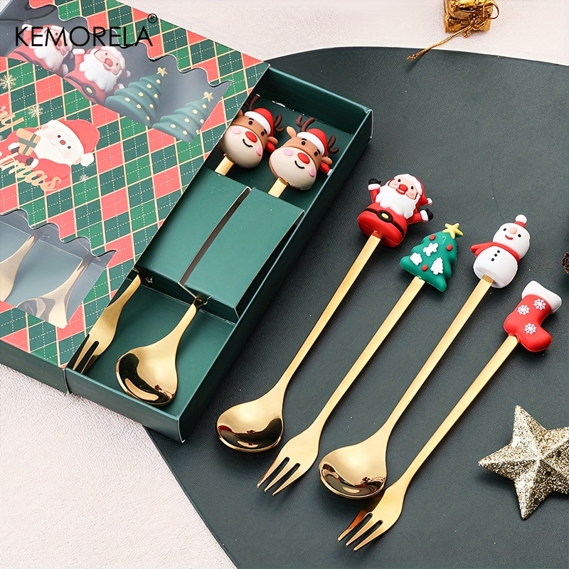 4/6PCS Christmas Fork And Spoon Set, Stainless Steel Creative Tableware, Coffee Tea Dessert Forks And Spoons Gift Set For Christmas Party Decorations