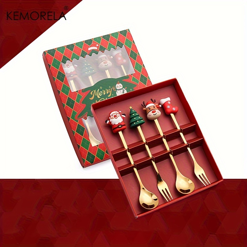 4/6PCS Christmas Fork And Spoon Set, Stainless Steel Creative Tableware, Coffee Tea Dessert Forks And Spoons Gift Set For Christmas Party Decorations