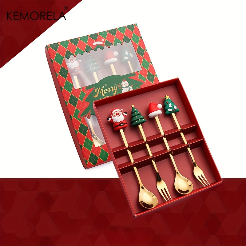 4/6PCS Christmas Fork And Spoon Set, Stainless Steel Creative Tableware, Coffee Tea Dessert Forks And Spoons Gift Set For Christmas Party Decorations