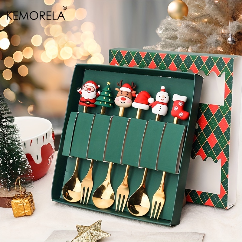 4/6PCS Christmas Fork And Spoon Set, Stainless Steel Creative Tableware, Coffee Tea Dessert Forks And Spoons Gift Set For Christmas Party Decorations