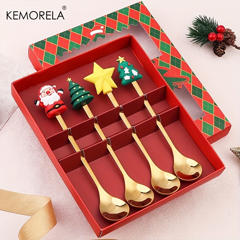 4/6PCS Christmas Fork And Spoon Set, Stainless Steel Creative Tableware, Coffee Tea Dessert Forks And Spoons Gift Set For Christmas Party Decorations