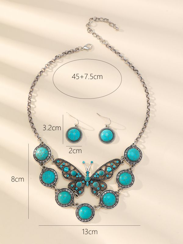 Silver Turquoise Butterfly Necklace Earrings Set