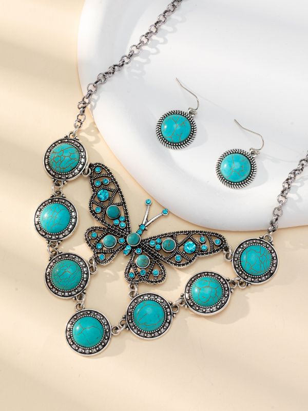Silver Turquoise Butterfly Necklace Earrings Set