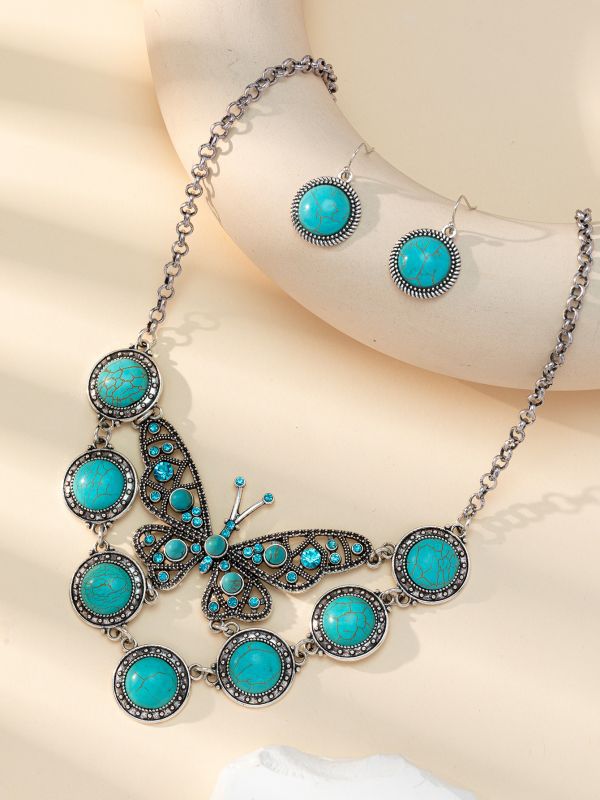 Silver Turquoise Butterfly Necklace Earrings Set