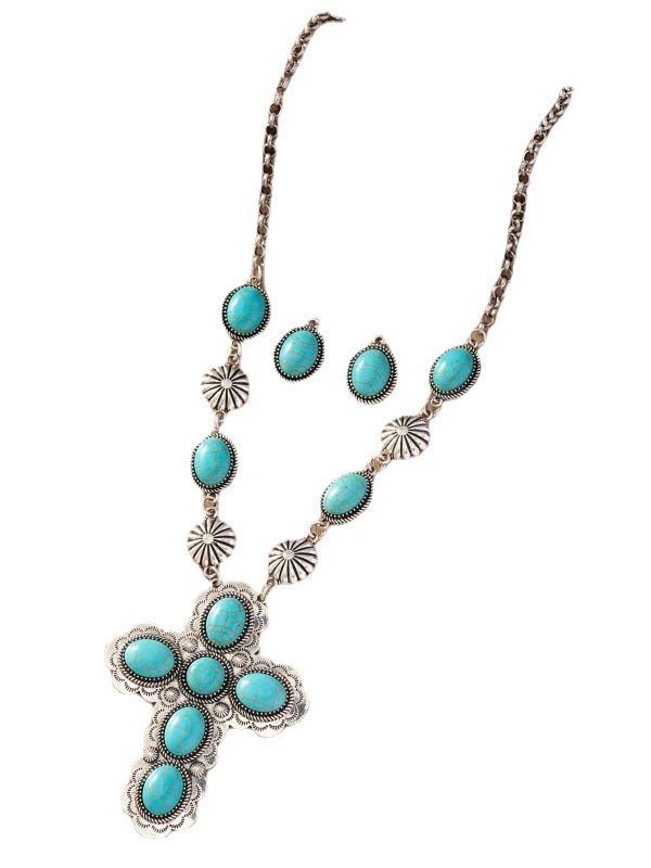 Bohemian Style Turquoise Cross Necklace & Earrings