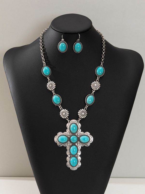 Bohemian Style Turquoise Cross Necklace & Earrings