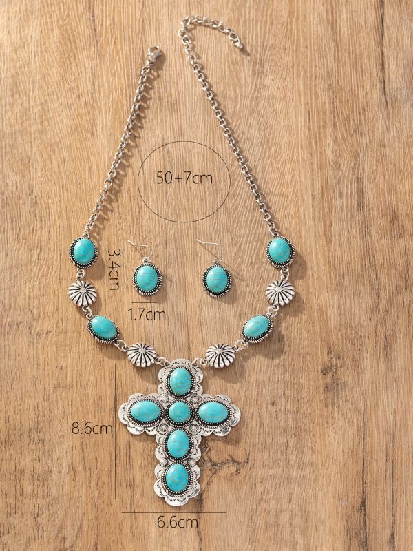Bohemian Style Turquoise Cross Necklace & Earrings