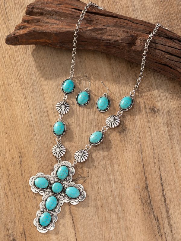 Bohemian Style Turquoise Cross Necklace & Earrings