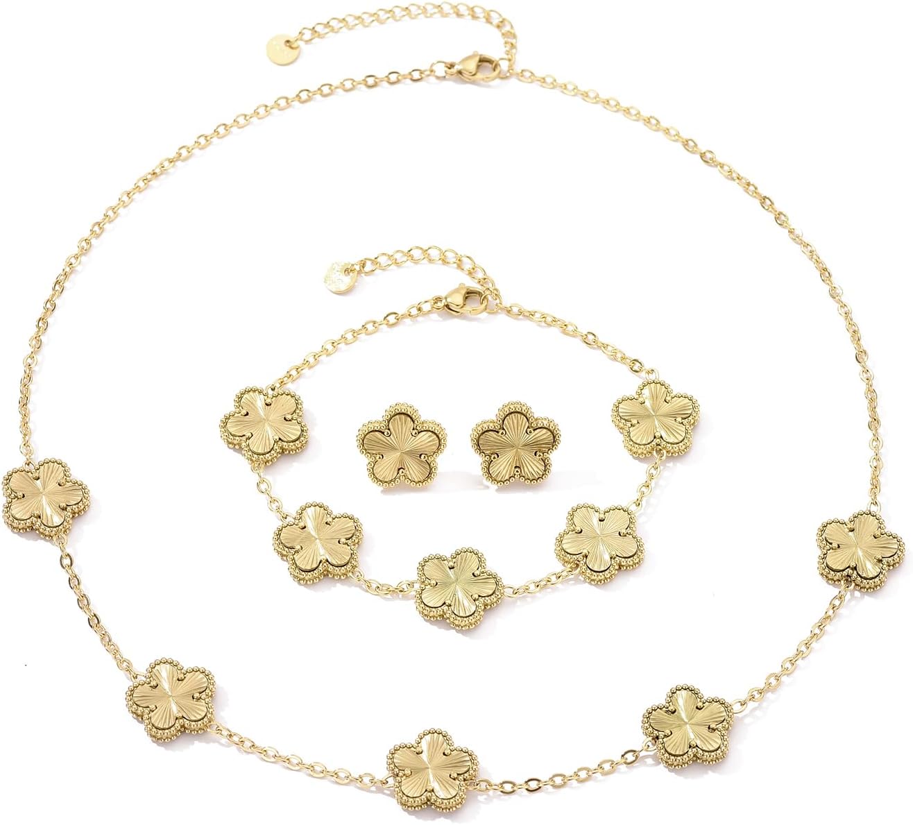 Bracelet  Clover Neckalce Bracelet Earring Set for Women 14K Gold Plated Stainless Steel Four Leaf Clover Jewelry Set