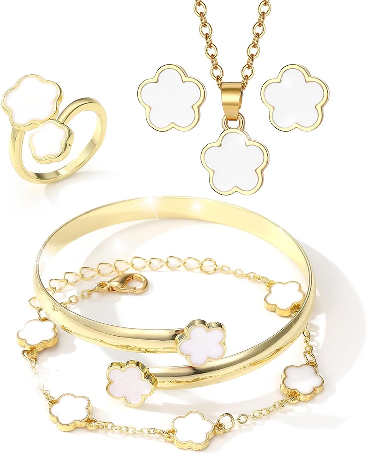 Lucky Five Leaf Clover Sets - 18K Gold Plated Ladies Jewelry Presents: White Five Leaf Clover Design Bracelet, Bangle, Pendant Necklace, Open End Ring and Earrings