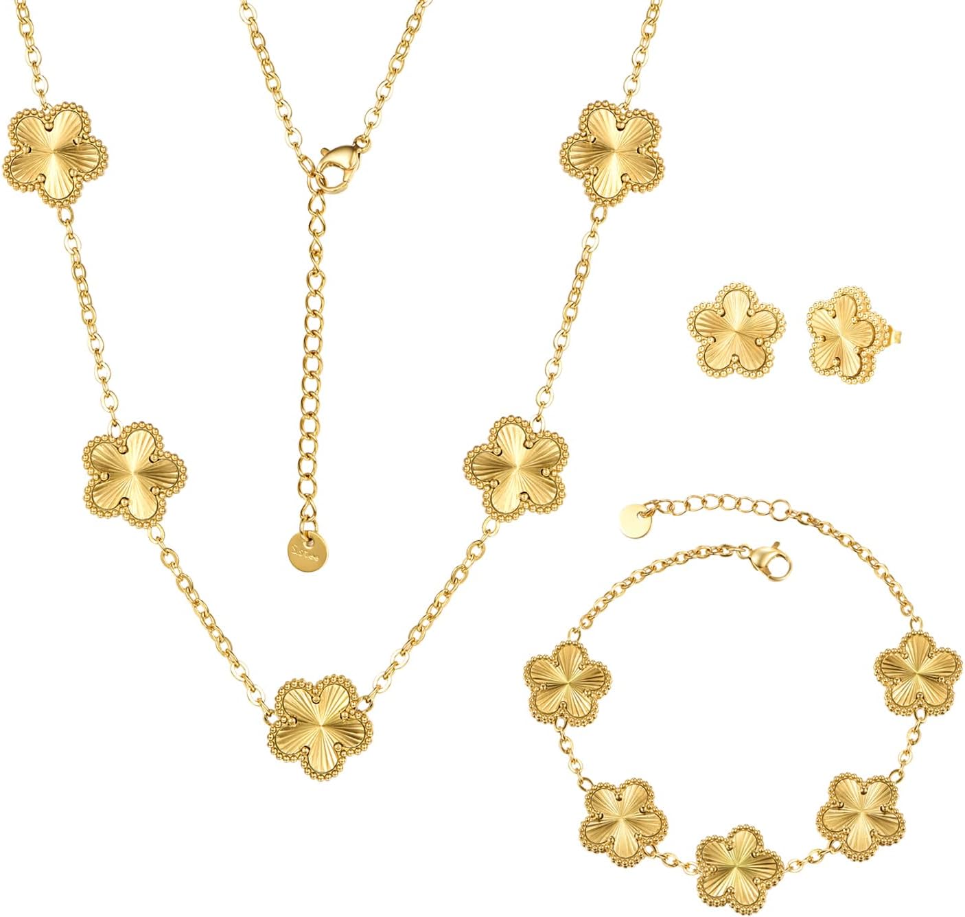 Bracelet  Clover Neckalce Bracelet Earring Set for Women 14K Gold Plated Stainless Steel Four Leaf Clover Jewelry Set