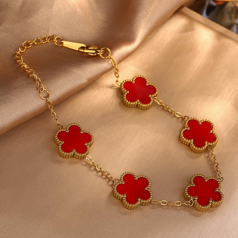 5Pcs Clover Neckalce Earring Bracelet Set For Women Gold Plated Stainless Steel Chain Necklace with Flower Design Five Leaf Clover Earring Trendy Jewelry Set Gift