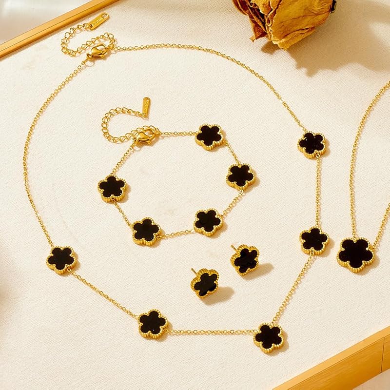 10 Flower Four-Leaf Clover Necklace Five-Leaf Clover Bracelet Pendant Ring Earring Set Fashion Flower Jewelry Women's Gift