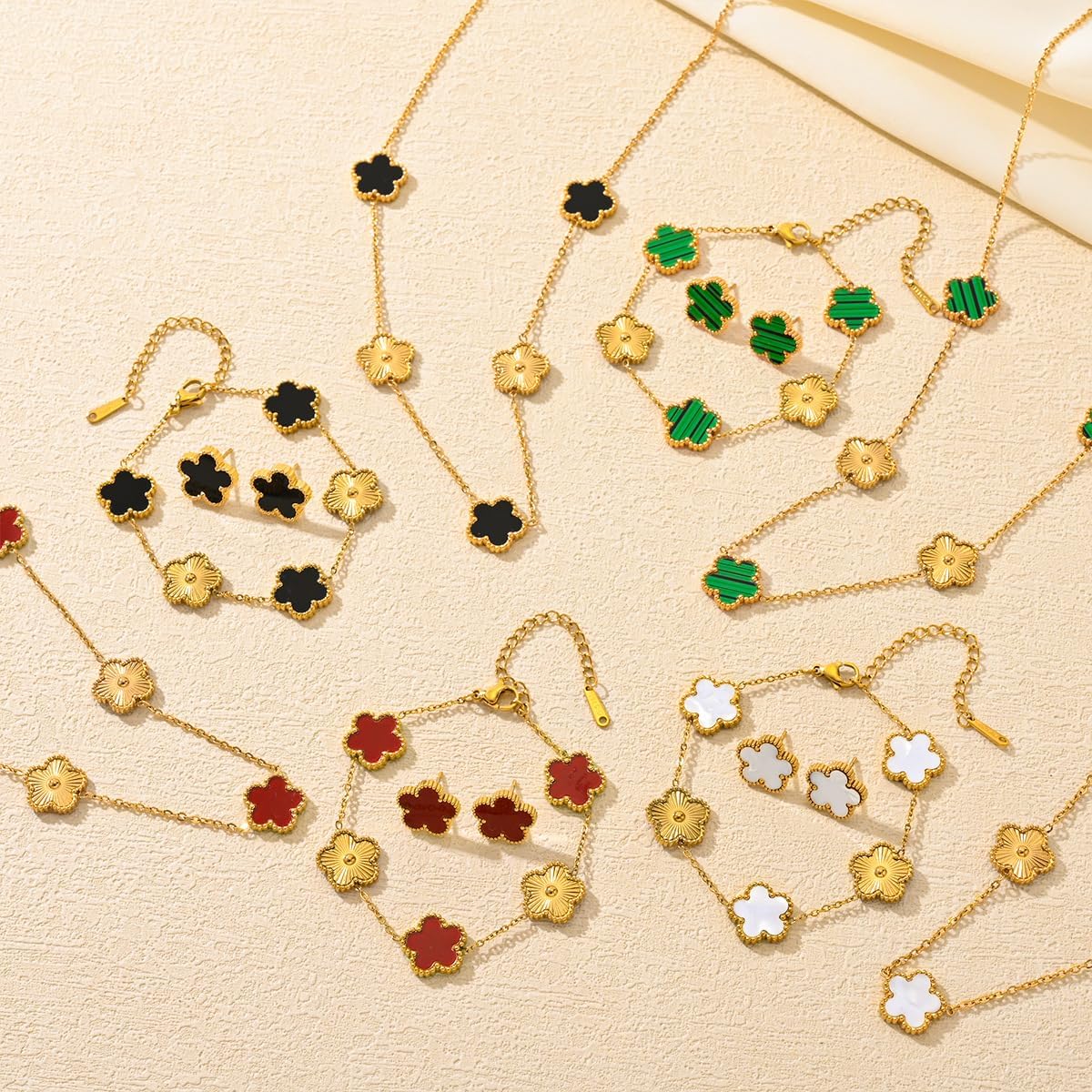 5Pcs Clover Neckalce Earring Bracelet Set For Women Gold Plated Stainless Steel Chain Necklace with Flower Design Five Leaf Clover Earring Trendy Jewelry Set Gift