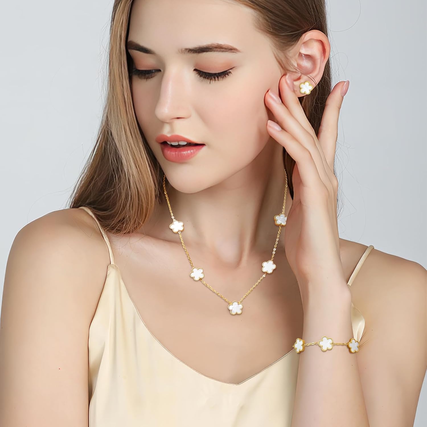 Lucky Five Leaf Clover Sets - 18K Gold Plated Ladies Jewelry Presents: White Five Leaf Clover Design Bracelet, Bangle, Pendant Necklace, Open End Ring and Earrings