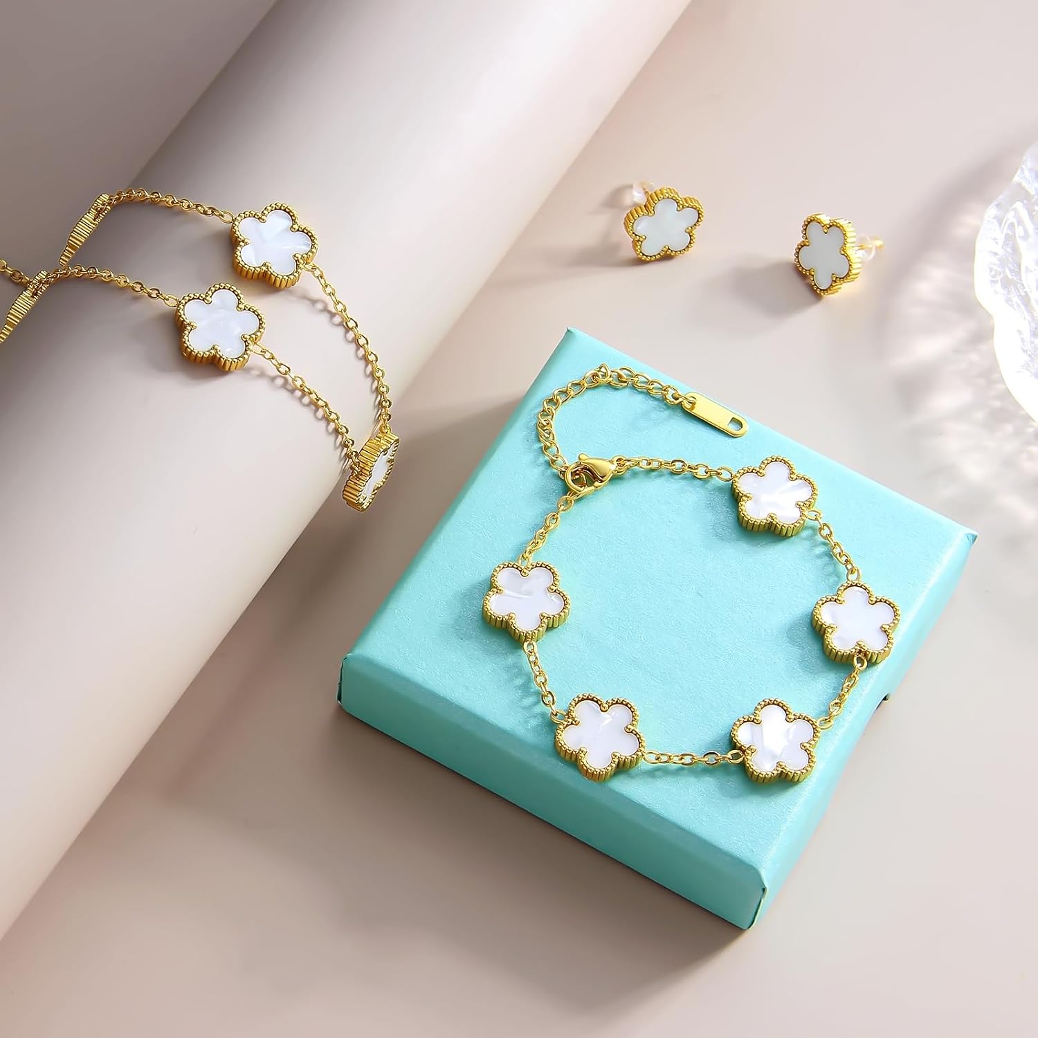 Lucky Five Leaf Clover Sets - 18K Gold Plated Ladies Jewelry Presents: White Five Leaf Clover Design Bracelet, Bangle, Pendant Necklace, Open End Ring and Earrings