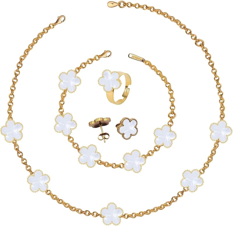 Lucky Five Leaf Clover Sets - 18K Gold Plated Ladies Jewelry Presents: White Five Leaf Clover Design Bracelet, Bangle, Pendant Necklace, Open End Ring and Earrings