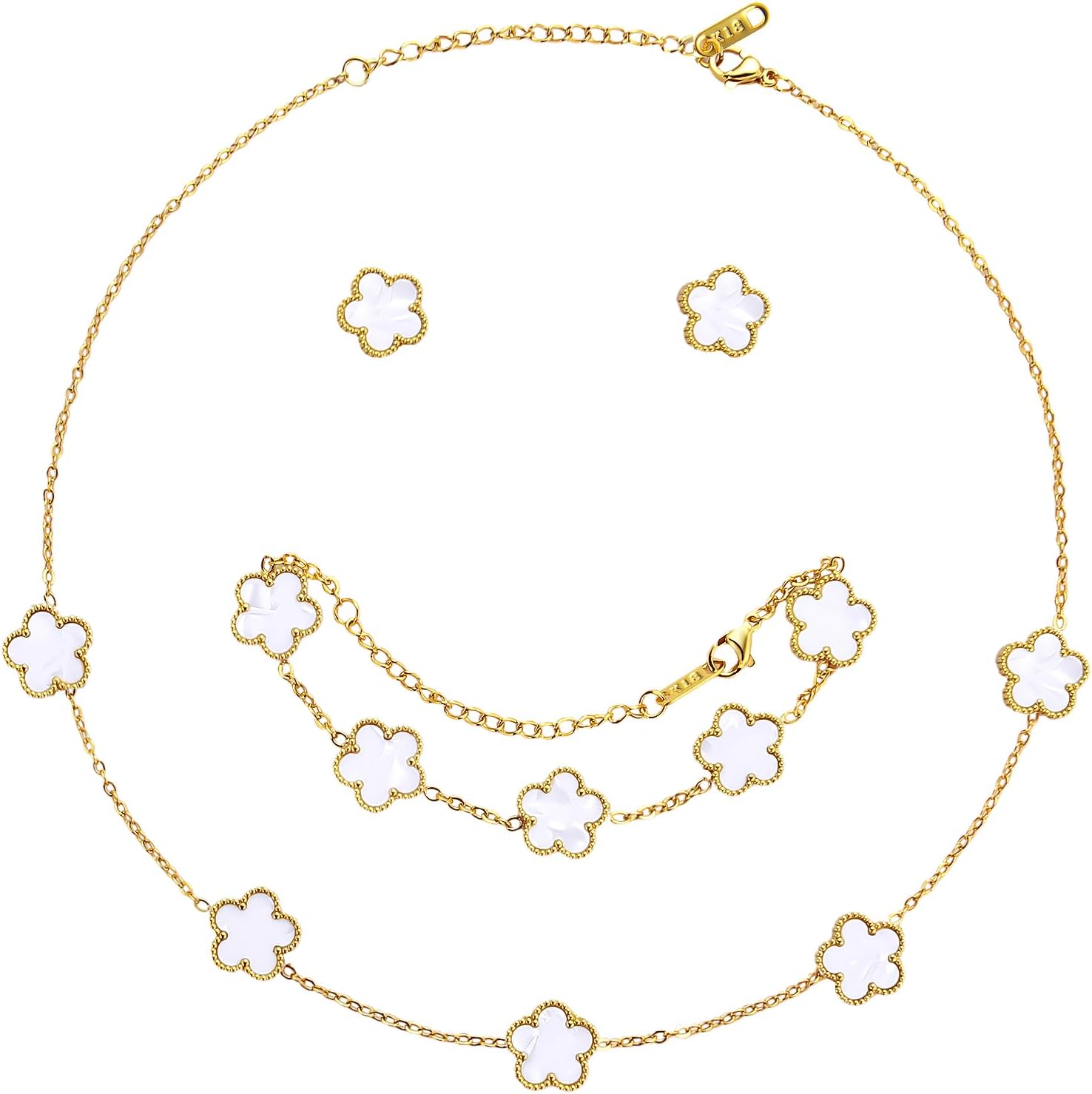 Lucky Five Leaf Clover Sets - 18K Gold Plated Ladies Jewelry Presents: White Five Leaf Clover Design Bracelet, Bangle, Pendant Necklace, Open End Ring and Earrings