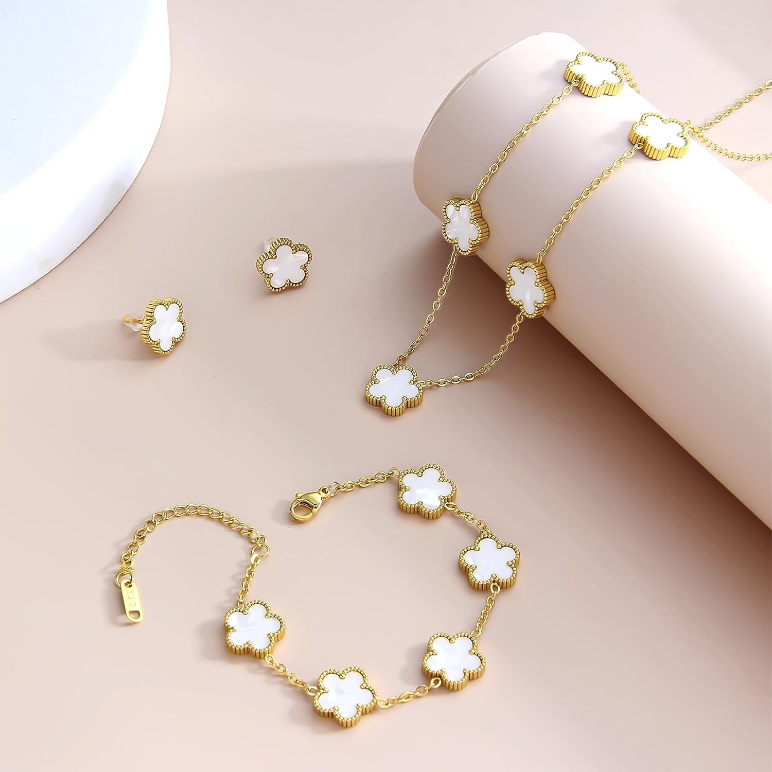 Lucky Five Leaf Clover Sets - 18K Gold Plated Ladies Jewelry Presents: White Five Leaf Clover Design Bracelet, Bangle, Pendant Necklace, Open End Ring and Earrings