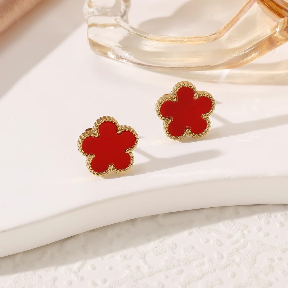 5Pcs Clover Neckalce Earring Bracelet Set For Women Gold Plated Stainless Steel Chain Necklace with Flower Design Five Leaf Clover Earring Trendy Jewelry Set Gift